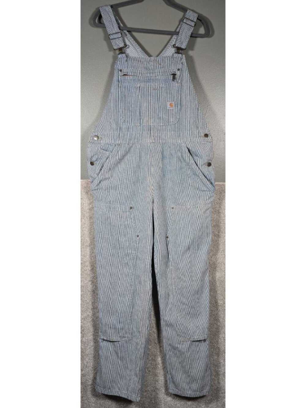 Carhartt Bib Overalls Blue Denim Railroad Striped Work Carpenter 103042 Women L
